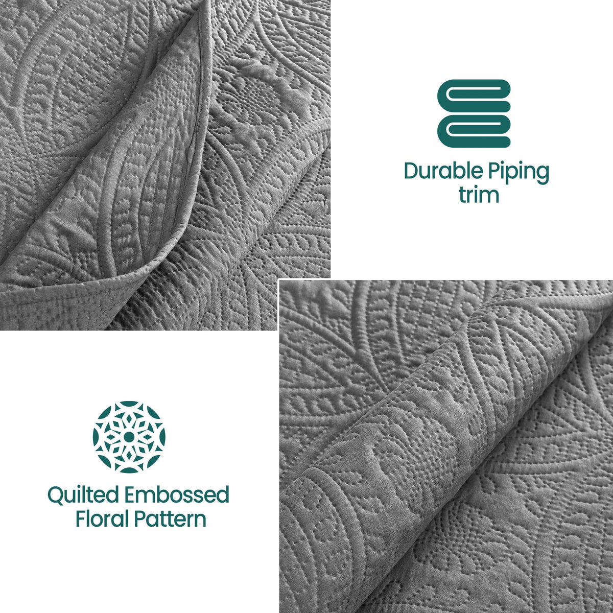 Close-up of soft quilted pillowcases and bedspread highlighting embossed floral coin stitching and premium texture.