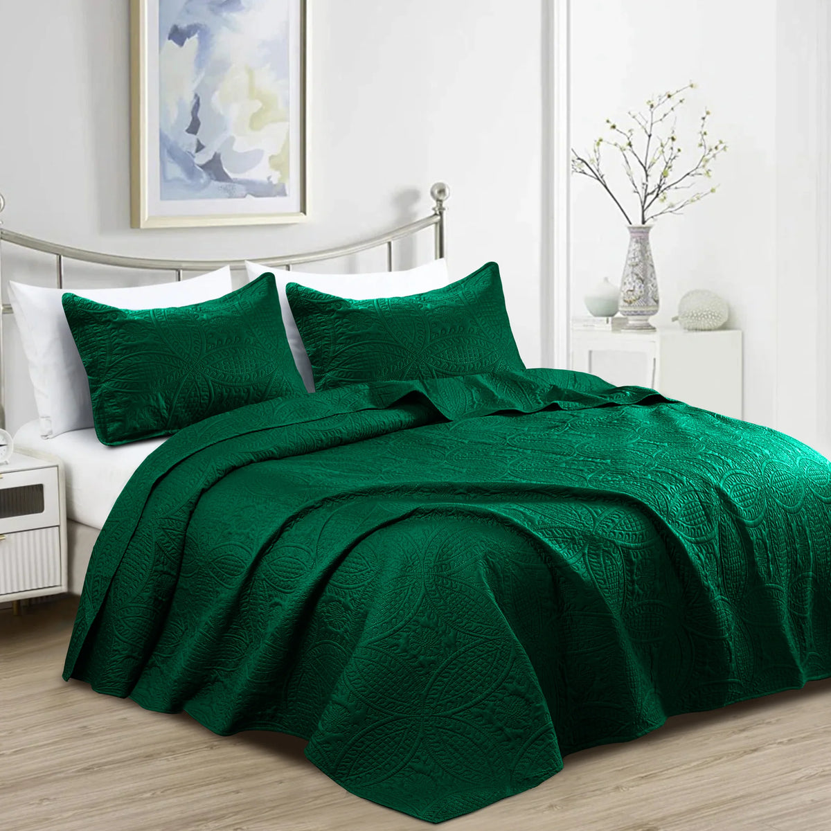 Detailed view of soft quilted polyester fabric and embossed coin pattern