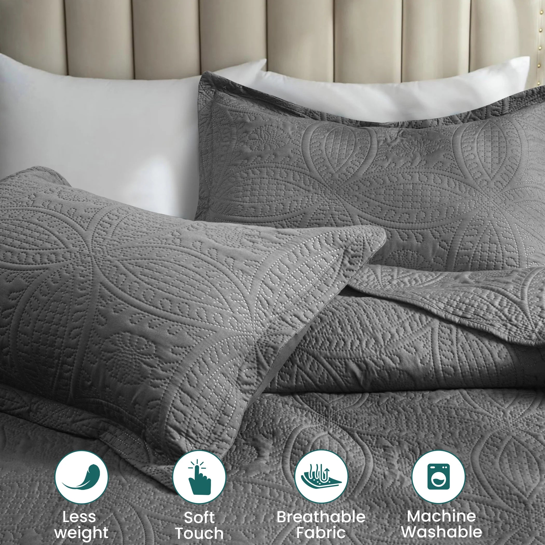 Grey coin pattern quilt bedding set styled on a modern bedroom bed