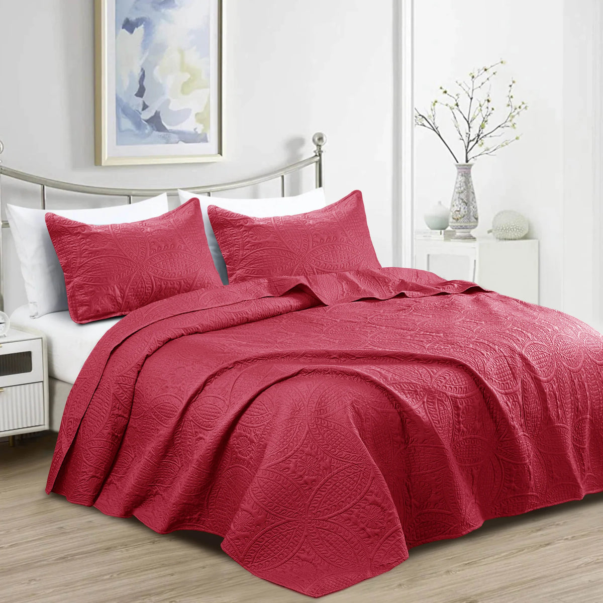 Machine washable quilt bedding set with soft embossed floral texture