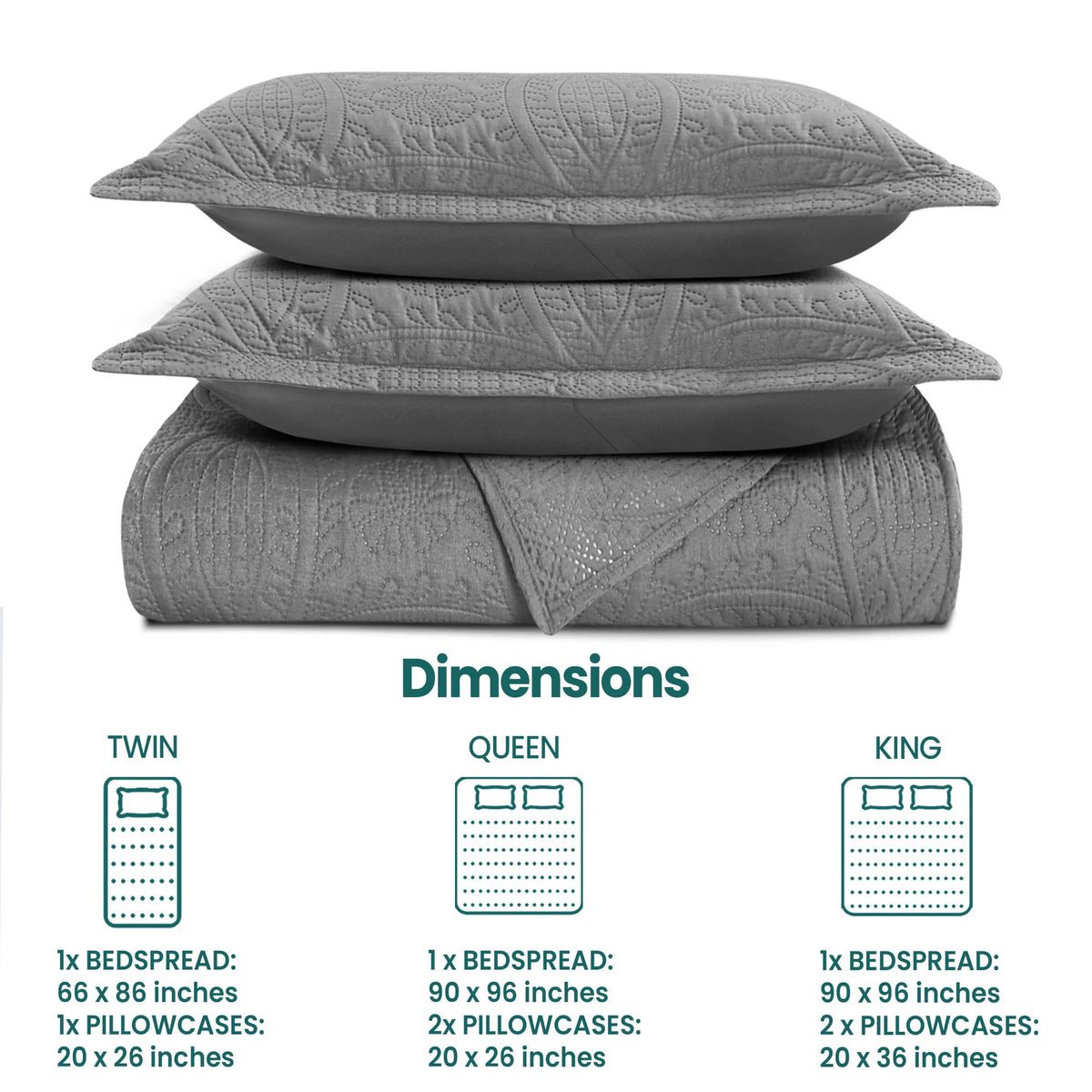 Neutral quilted bedspread set with matching pillowcases and embossed floral coin design